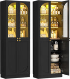 Cyclysio 80" Kitchen Pantry with 3 Motion Sensor Lights, Tall Arch Storage Cabinet with Tempered Glass Doors, Wood Floor Cupboard with Baseboard Cutout for Dining Room, Living Room, Bathroom