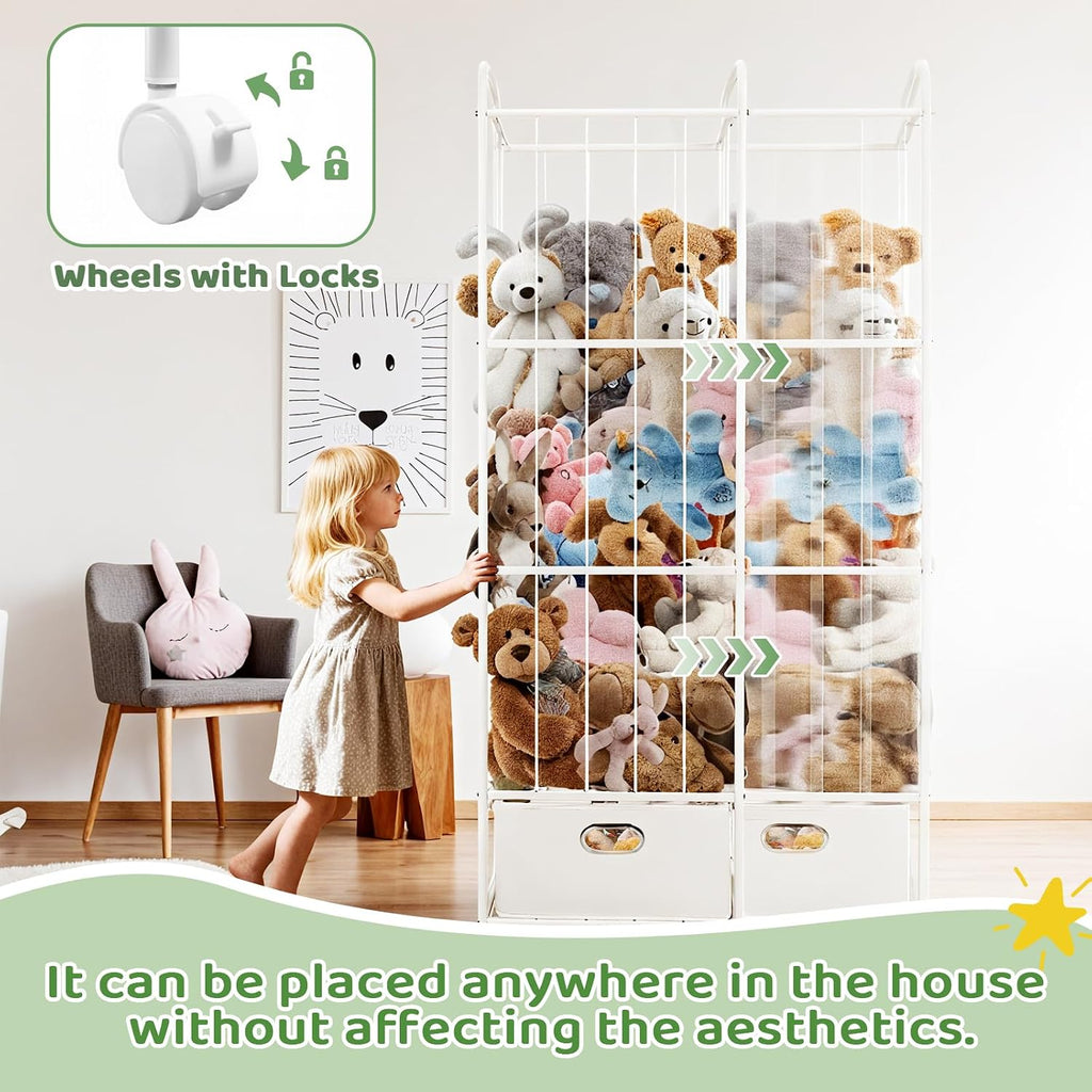 Stuffed Animal Storage, Metal Stuff Animals Zoo Holder with Fabric Drawer and Wheels Tall Vertical Plushies Toy Organizer Plush Storage Cage with Elastic Band for Nursery Playroom Corner