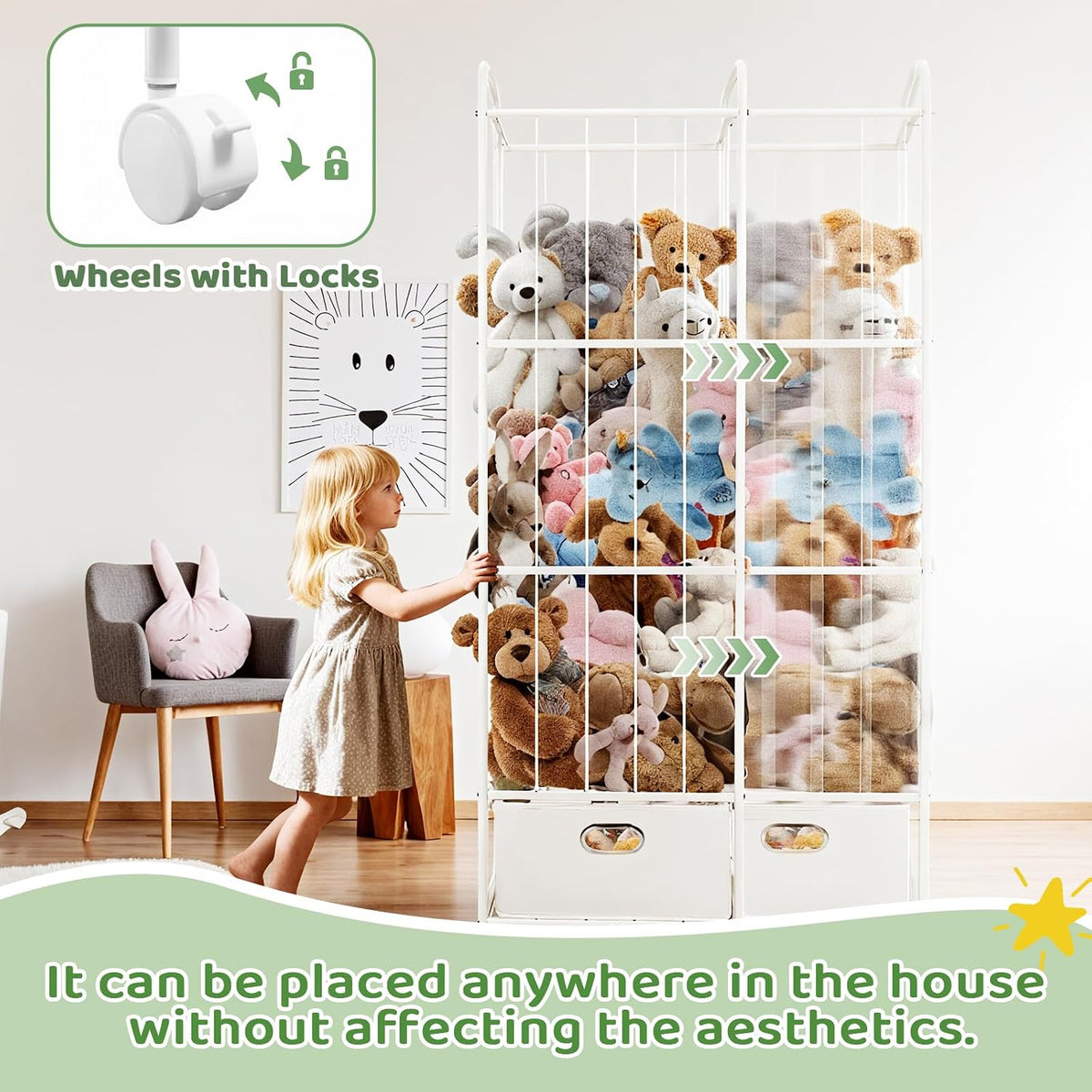 Stuffed Animal Storage, Metal Stuff Animals Zoo Holder with Fabric Drawer and Wheels Tall Vertical Plushies Toy Organizer Plush Storage Cage with Elastic Band for Nursery Playroom Corner