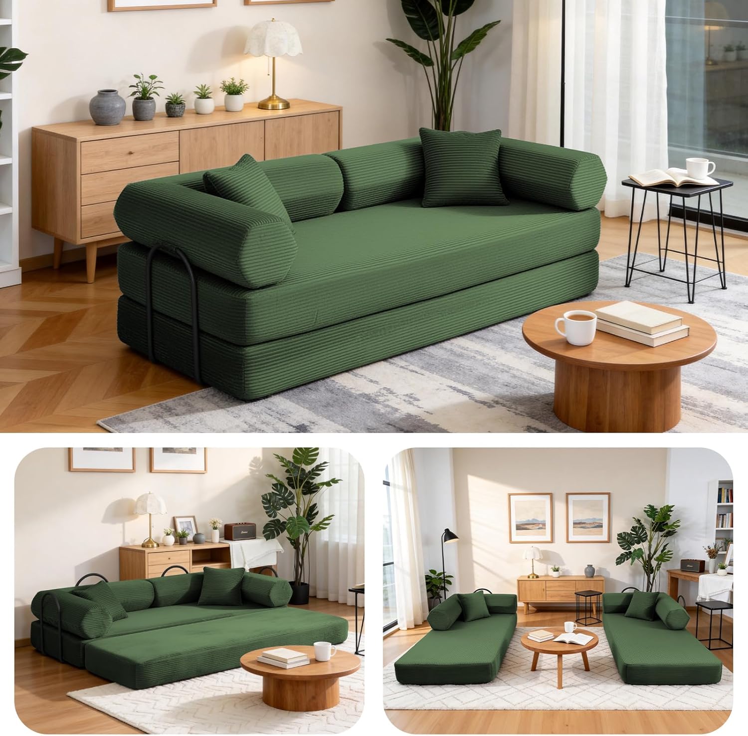 79" Corduroy Sofa Bed, Couch in a Box with 2 Pillows, High-Density Foam 4-in-1 Foldable Sleeper Futon Loveseat for Small Spaces, No Assembly, Side Pockets, Hex Arm Hunter Green