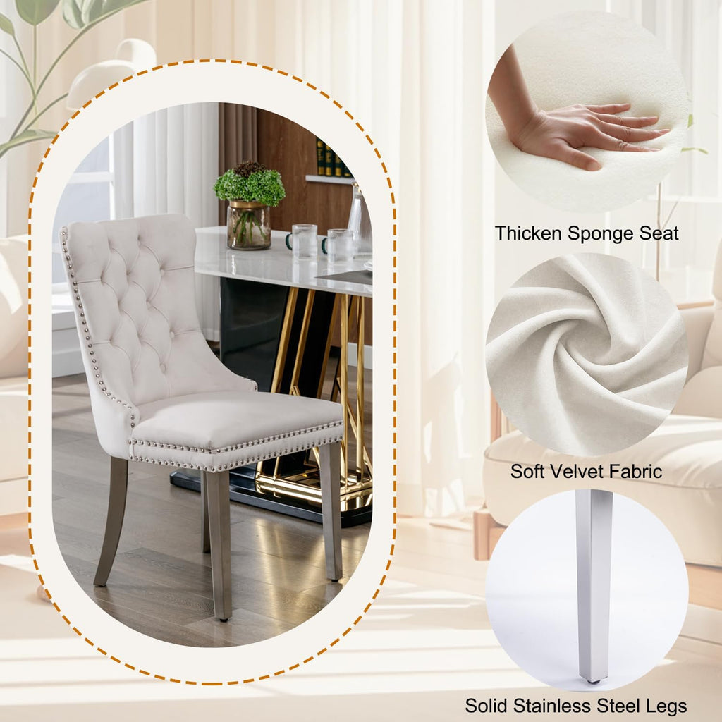3-Piece Round Glass Dining Table Set for 2, 36" Small Kitchen Table with 2 Velvet Tufted Chairs Modern Silver Glass Dining Room Table Set for Home Kitchen Living Room