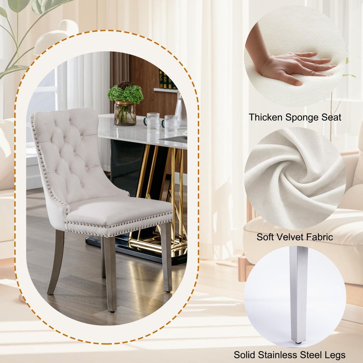 3-Piece Round Glass Dining Table Set for 2, 36" Small Kitchen Table with 2 Velvet Tufted Chairs Modern Silver Glass Dining Room Table Set for Home Kitchen Living Room