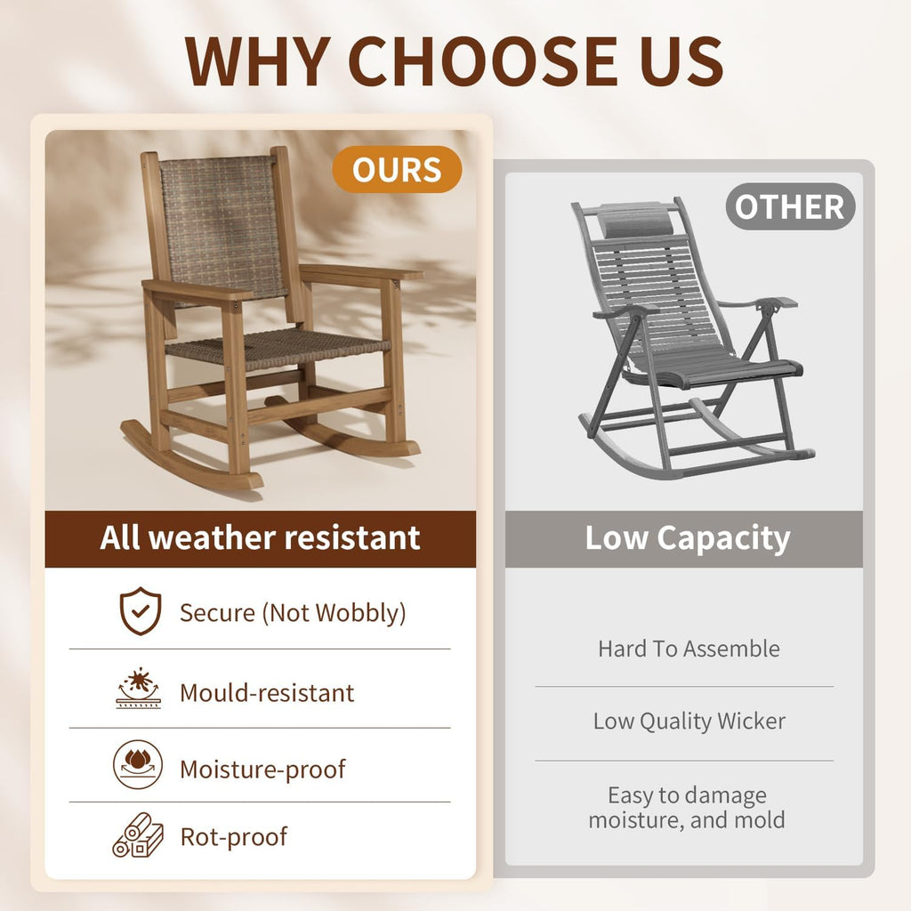 HDPE Outdoor Rocking Chair Set of 2, Wicker Patio Rocking Chair for Adult, All Weather Rocking Chair Outdoor for Porch, Garden, Lawn, and Balcony (Brown)