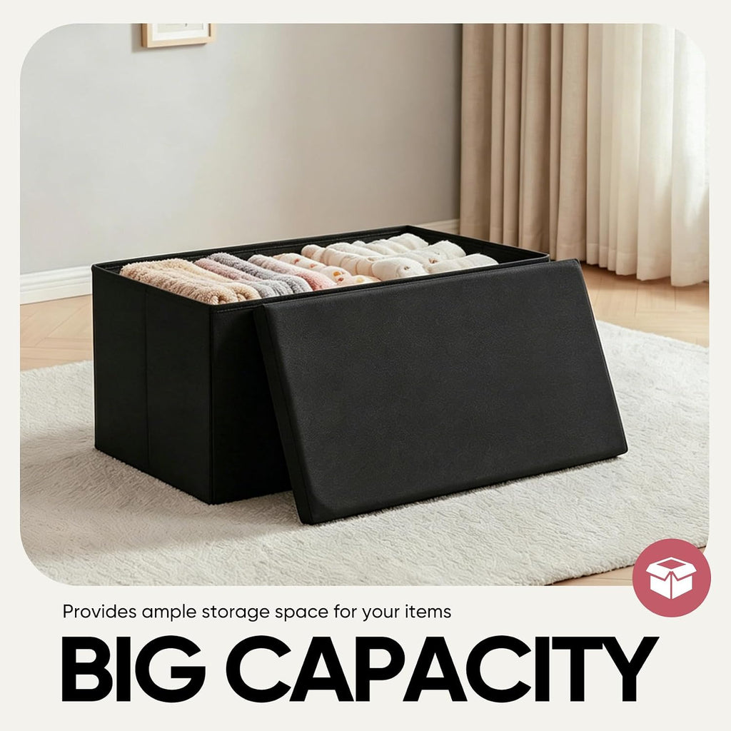 30 Inch Folding Storage Ottoman with Reversible Lid Coffee Table, Linen Fabric Multi-Functional Foot Rest & Seat for Living Room, Bedroom-Black