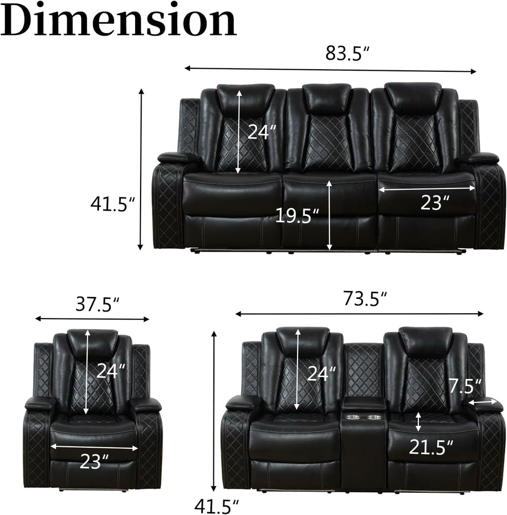 Power Recliner Sofa Set, Breathing Leather Reclining Couch Set, 3 Piece Living Room Furniture Set with LED Lights/Charging Ports/Storage for Home/Office (Black, Sofa+Loveseat+Chair)