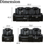 Power Recliner Sofa Set, Breathing Leather Reclining Couch Set, 3 Piece Living Room Furniture Set with LED Lights/Charging Ports/Storage for Home/Office (Black, Sofa+Loveseat+Chair)