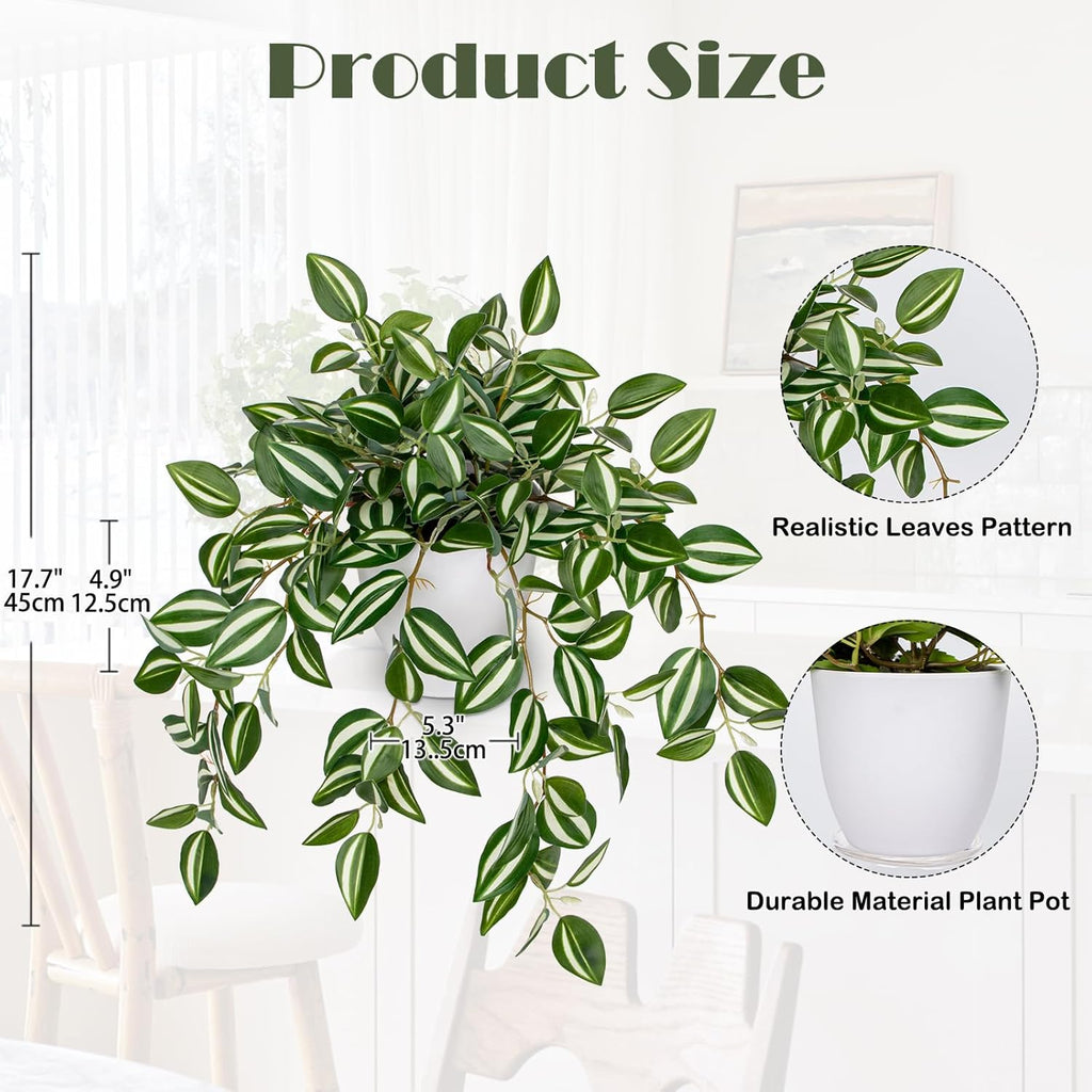 Briful Fake Plants Indoor Artificial Potted Silk Plants Faux Watermelon Peperomia Cascading Vine Plant for Home Office Livingroom Desk Shelf Mantle Decoration(Green/White - 1 Pack)