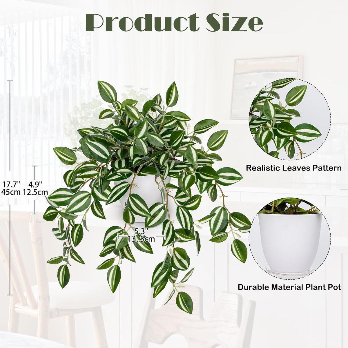 Briful Fake Plants Indoor Artificial Potted Silk Plants Faux Watermelon Peperomia Cascading Vine Plant for Home Office Livingroom Desk Shelf Mantle Decoration(Green/White - 1 Pack)