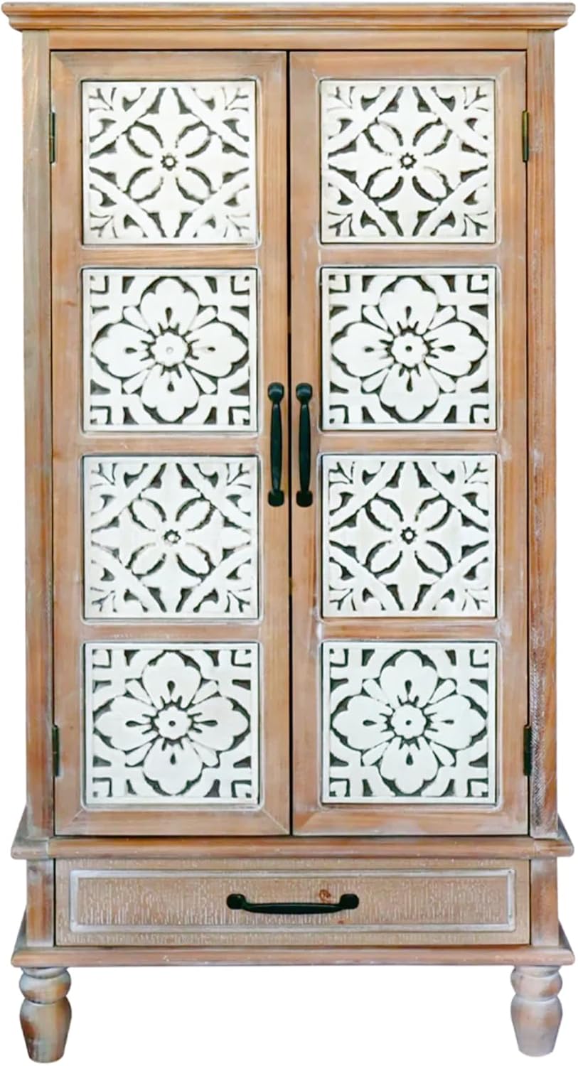 LKTART KTART 55'' Tall Kitchen Cabinet,Narrow Pantry Storage Cabinet with Shelves and Drawers,French Country Accent Cabinet,Solid Wood China Cabinet with Embossed Floral Metal Doors,Natural Wood