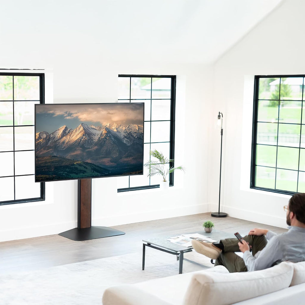 VIVO Dual-Column TV Floor Stand for 32” to 85” Screens with Heavy Duty Base, Tilting Mount with 5 Set Height Adjustments, Black and Dark Walnut, STAND-TV85JS
