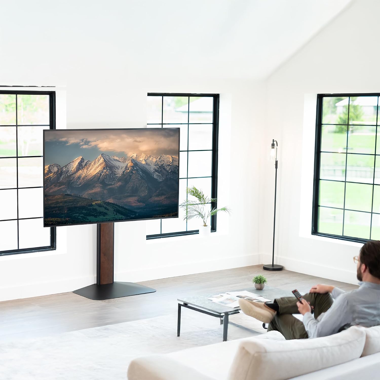 VIVO Dual-Column TV Floor Stand for 32” to 85” Screens with Heavy Duty Base, Tilting Mount with 5 Set Height Adjustments, Black and Dark Walnut, STAND-TV85JS