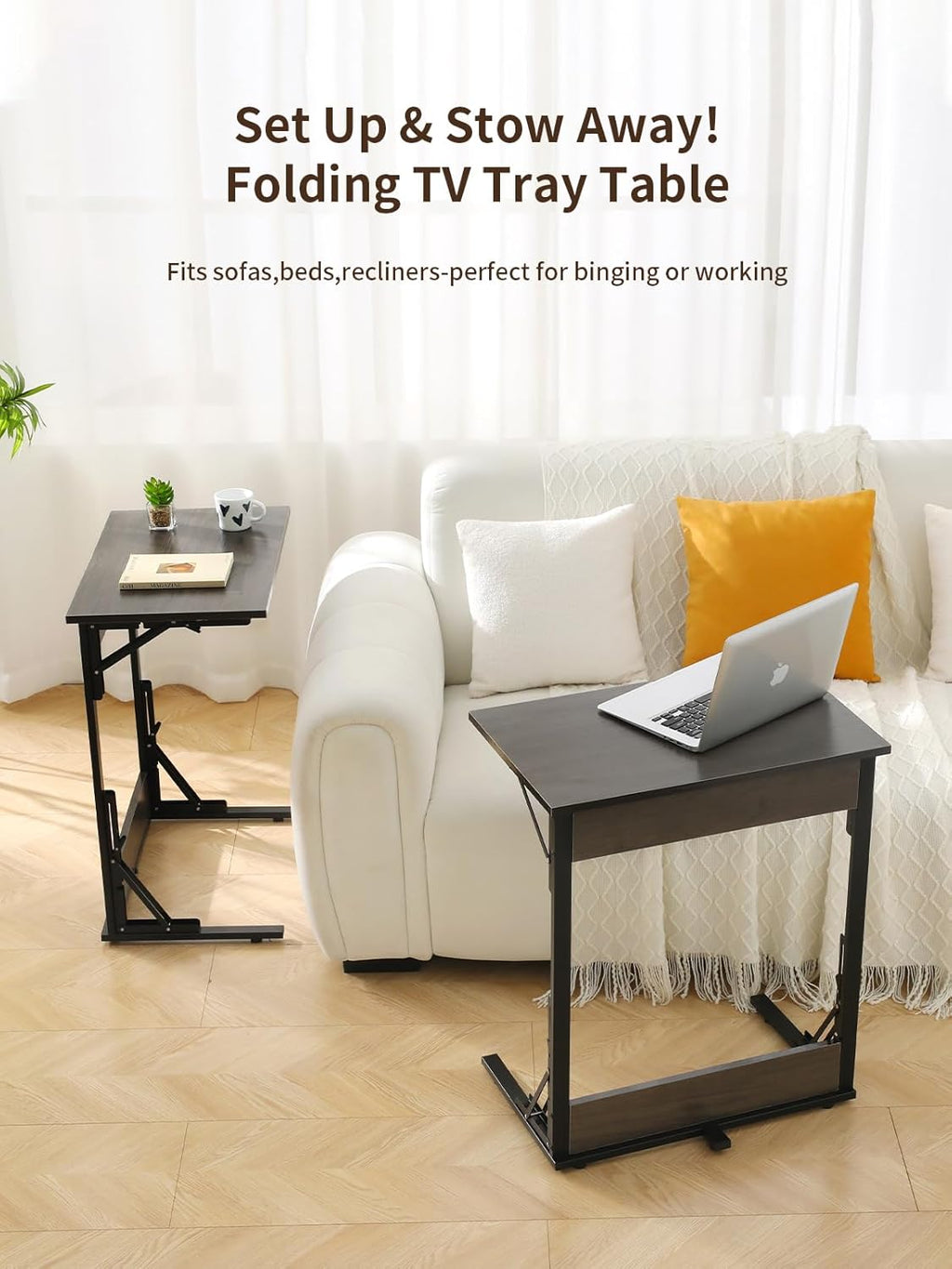 Upgraded 24" Folding C Shaped End Table, Small Sofa Side Laptop Desk, Couch TV Tray Table for Living Room, Bedroom (2, Grey)