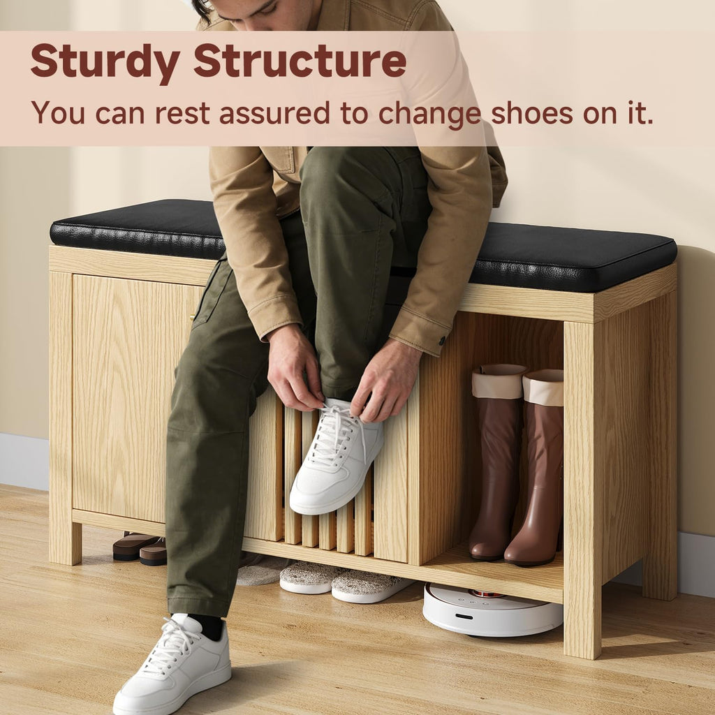 UNIQUITE Shoe Storage Bench with Flip Drawers, Padded Seat Cushion, 39.4" W x 12.6" D x 21.85" H, Entryway Cabinet with Slatted Doors for Hallway Living Room, Natural