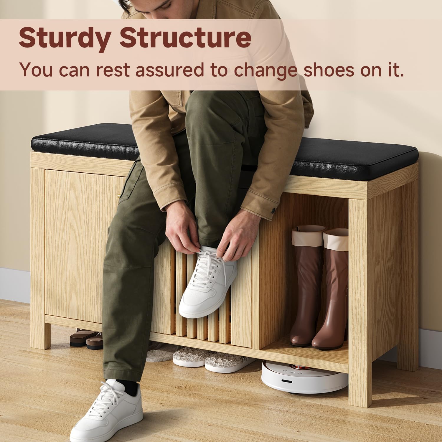 UNIQUITE Shoe Storage Bench with Flip Drawers, Padded Seat Cushion, 39.4" W x 12.6" D x 21.85" H, Entryway Cabinet with Slatted Doors for Hallway Living Room, Natural