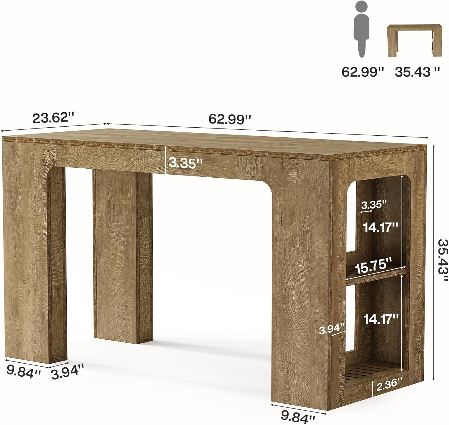 Tribesigns 63'' Long Kitchen Island with Storage, Wooden Counter Height Stationary Island Stand with 2 Shelves and Spacious Legroom, High Top Table for Kitchens, Brown, 2PCS