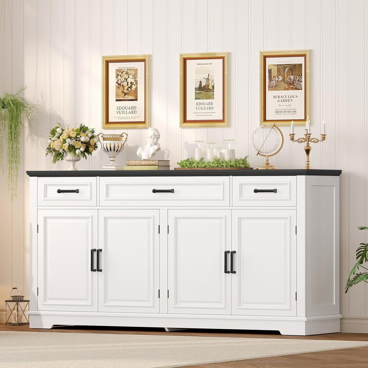 usikey 59” Large Buffet Cabinet with 4 Doors and 3 Drawers, Buffet Sideboard Cabinet with Storage and 2 Adjustable Shelves, Coffee Bar, Wine Bar for Living Room, White