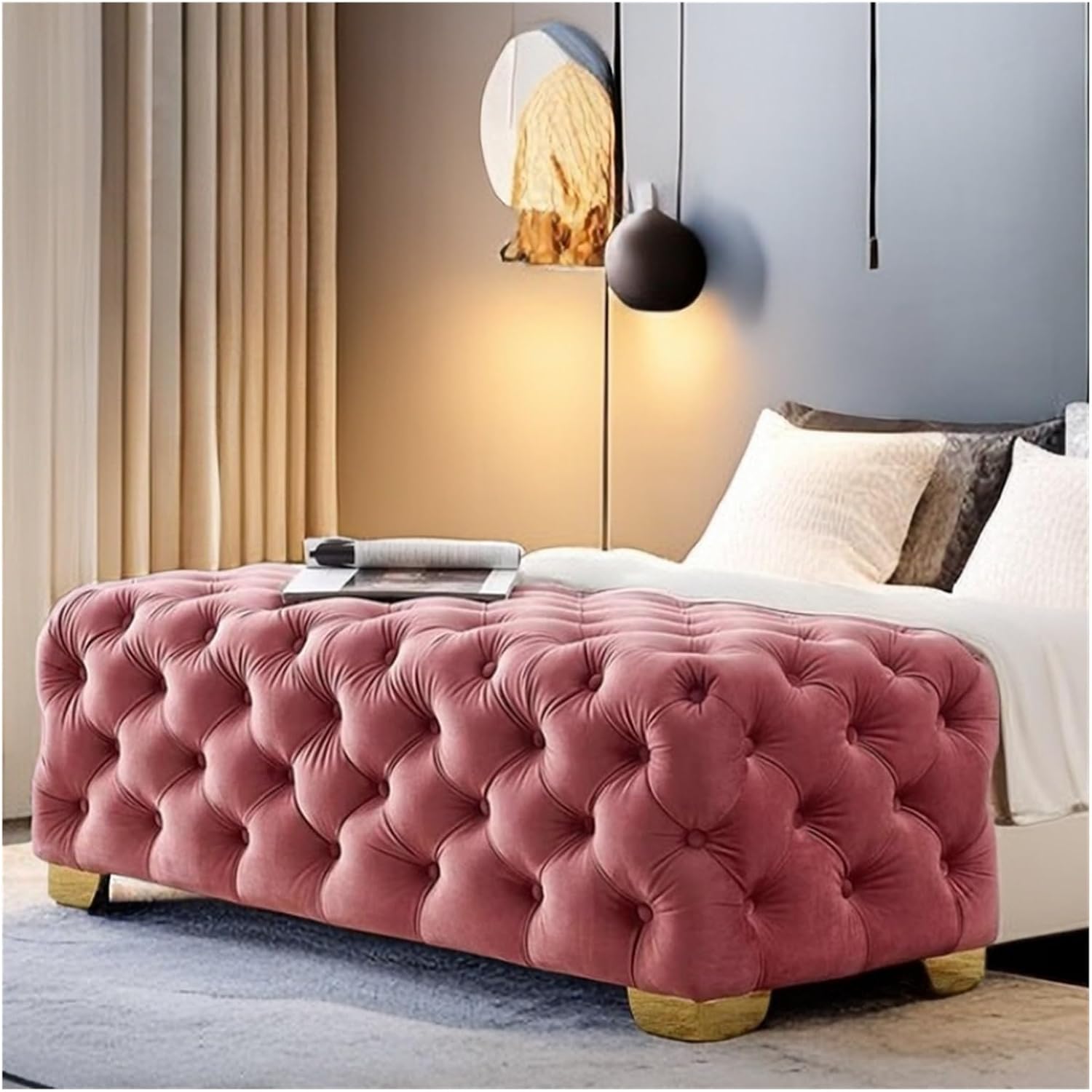 Modern Entryway Bench Rustic Fabric Upholstered Bedroom Seat Button Tufted Ottoman Footrest Stool Entryway(Gris,110 * 45 * 40cm)