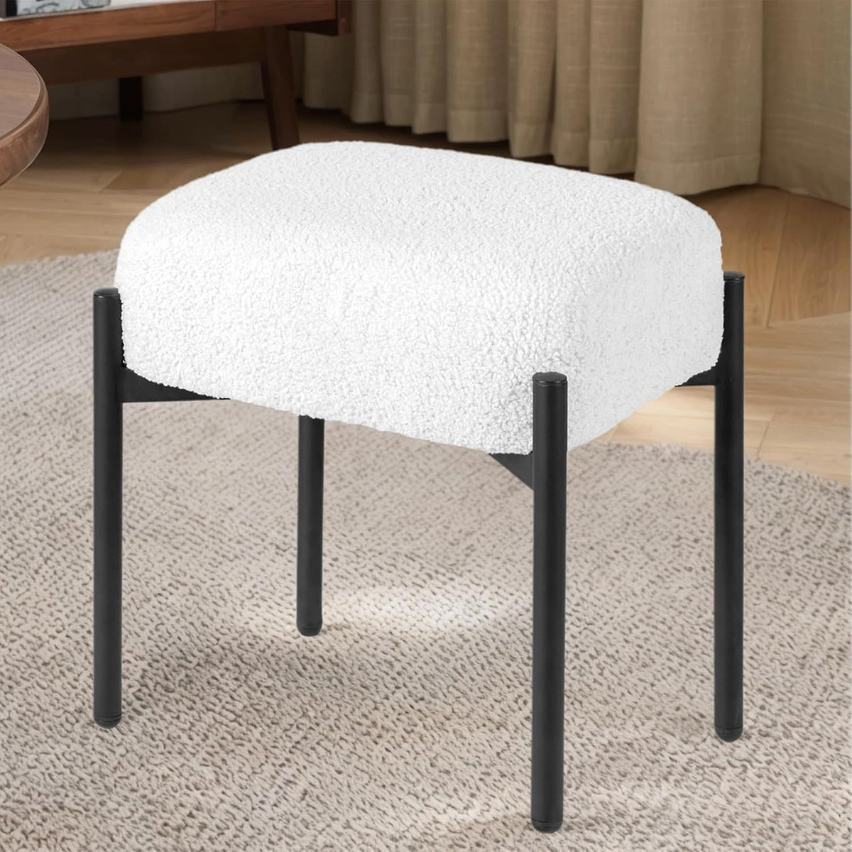 Vanity Stool Chair Faux Fur, 16.3" L x 12.8" W x 17.3" H Soft Ottoman, Makeup Chair Bench Furry Padded Seat with 4 Metal Legs, Footstool Multifunctional Chairs for Bedroom, Living Room, White