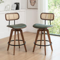 26" Rattan Bar Stools Set of 2, Faux Leather Counter Height Swivel Barstools with Rattan Backrest/Wooden Legs,Armless Mid Century Modern Bar Chairs for Kitchen/Dining Room/Bar Chairs,Green PU