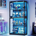AMERLIFE RGB Display Cabinet with Adjustable Glass Shelves, 4-Tier Storage Case with LED Lights & Press-to-Open Doors, Modern Display Shelf for Collectibles, Black 70" H×32" L×16" D