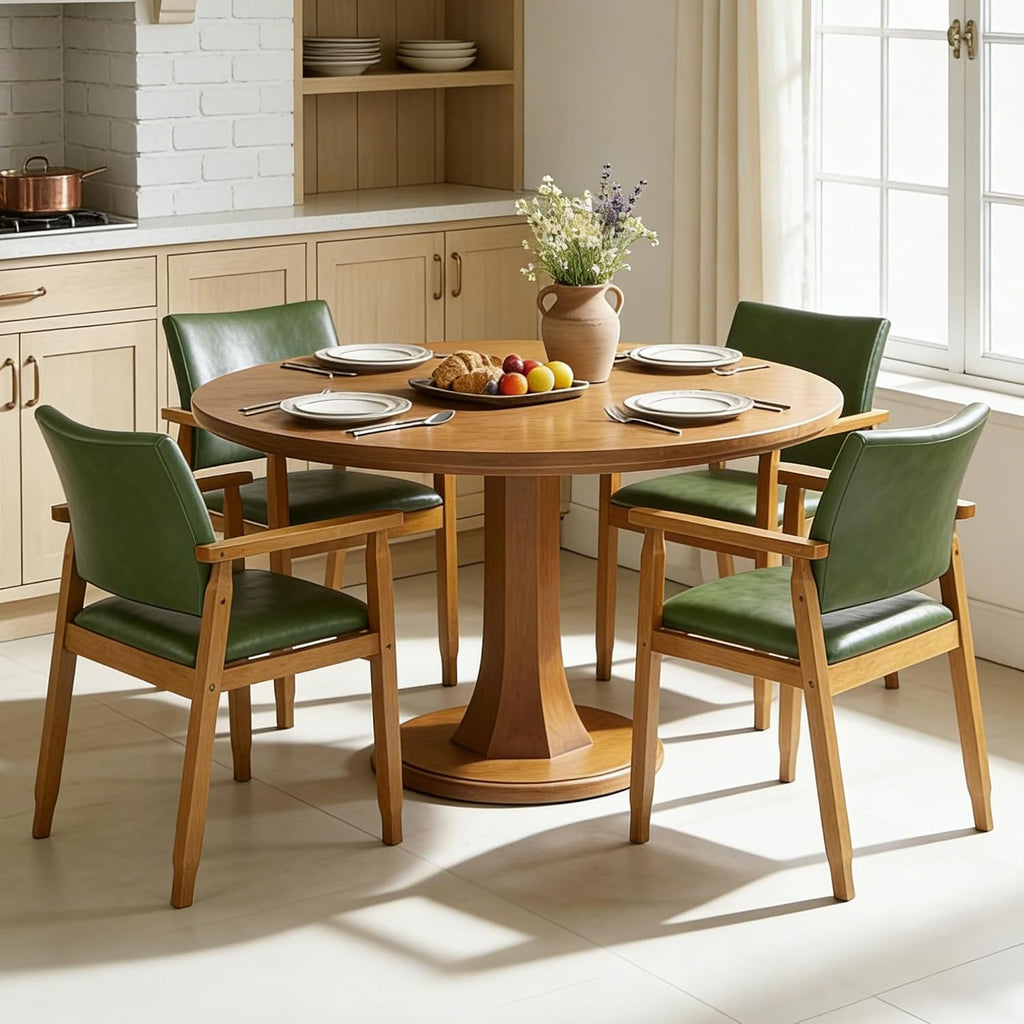 NOBPEINT Mid-Century Modern Dining Chairs with Armrest Set of 2, PU Leather Upholstered Dining Room Chairs with Solid Wood Frame, Walnut Kitchen Armchairs for Kitchen Living Room Restaurant, Green