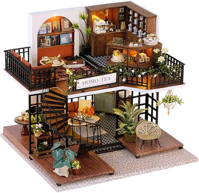 CUTEBEE Dollhouse Miniature with Furniture, DIY Wooden Dollhouse Kit Plus Dust Proof, Creative Room Idea(Forest Tea Shop)