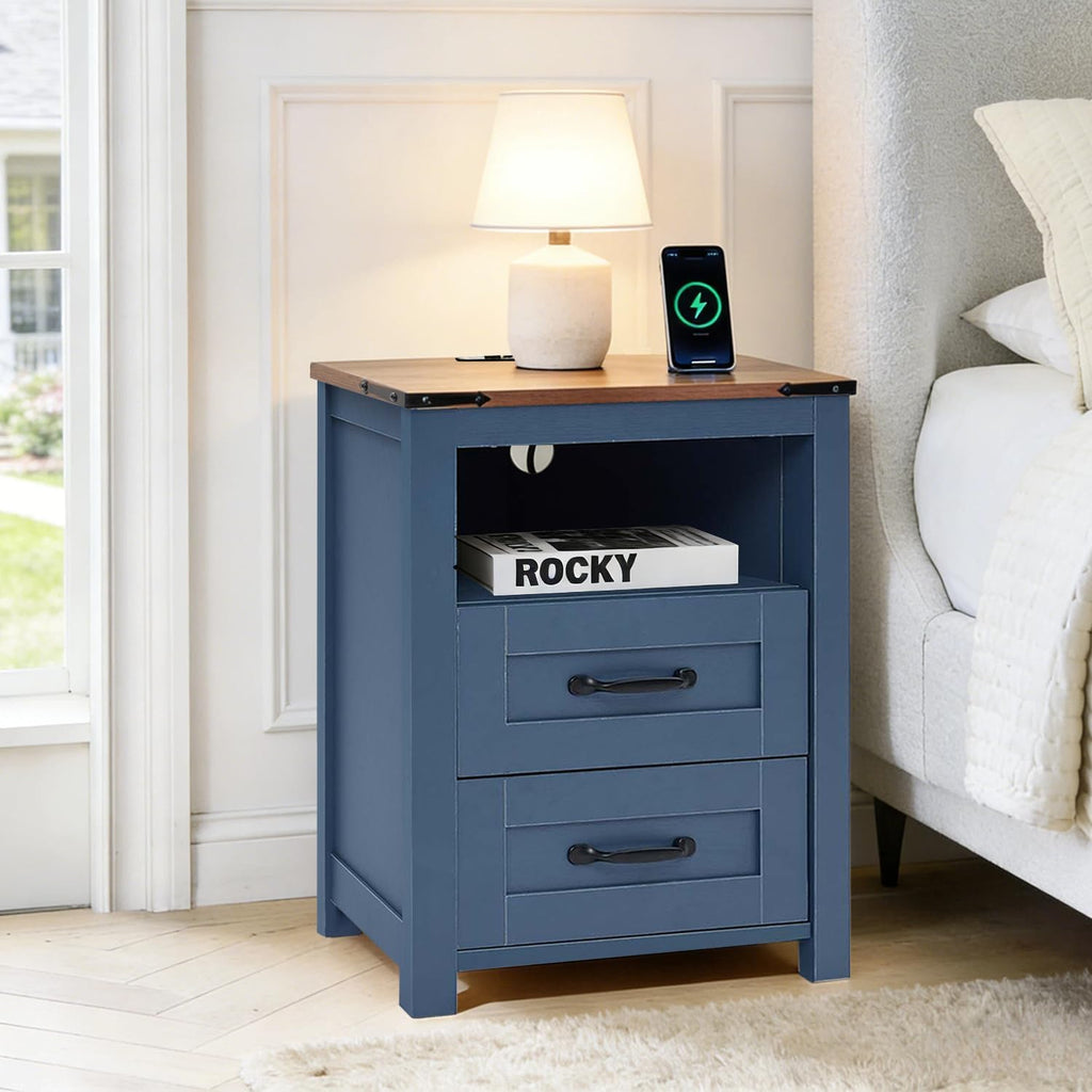 Farmhouse Nightstands Set of 2 with Charging Station, End Table with 2 Drawers and Open Shelf, Wooden Bedside Cabinet for Bedroom, Home Office, Living Room, Blue
