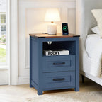 Farmhouse Nightstands Set of 2 with Charging Station, End Table with 2 Drawers and Open Shelf, Wooden Bedside Cabinet for Bedroom, Home Office, Living Room, Blue