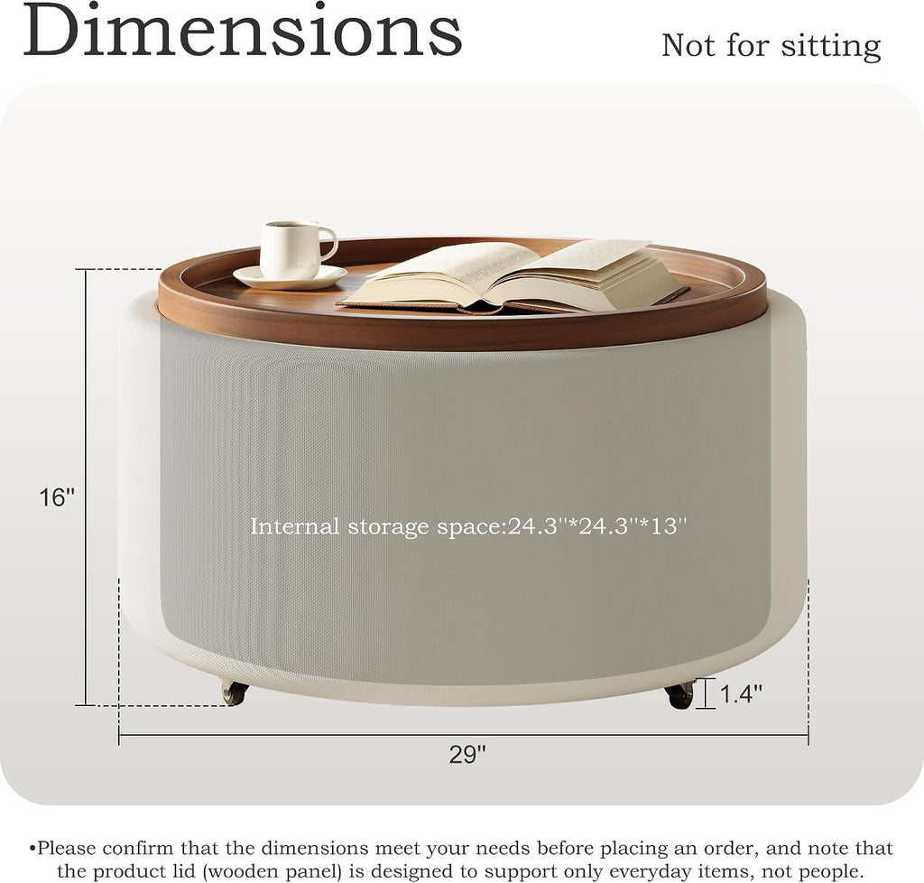 Round Storage Ottoman Coffee Table with Walnut Tray, 30'' Round Ottoman with Storage, Modern Upholstered Coffee Table with with 4 Casters for Living Room, Linen Fabric, Beige
