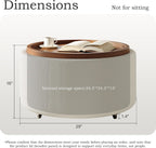 Round Storage Ottoman Coffee Table with Walnut Tray, 30'' Round Ottoman with Storage, Modern Upholstered Coffee Table with with 4 Casters for Living Room, Linen Fabric, Beige