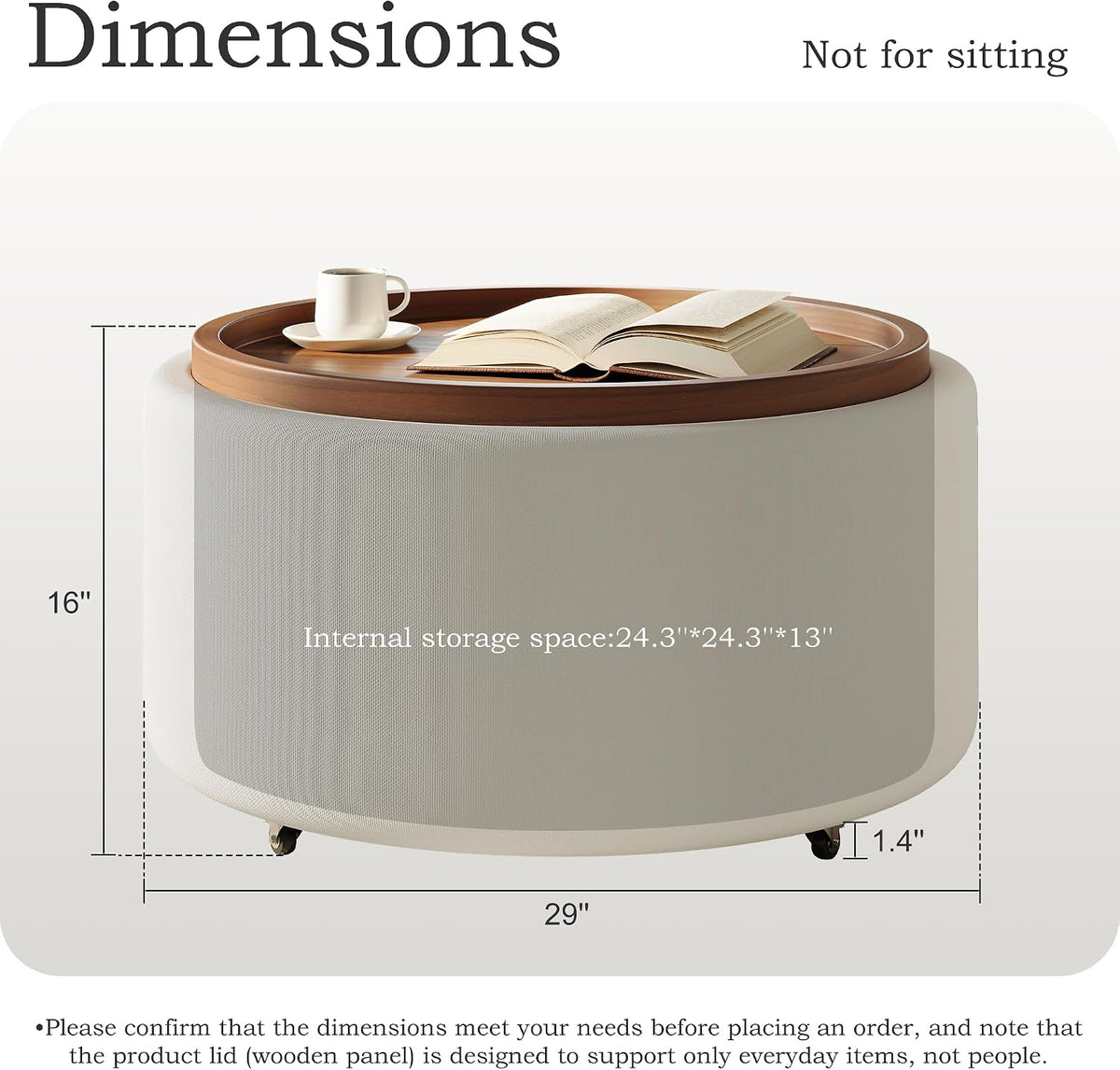Round Storage Ottoman Coffee Table with Walnut Tray, 30'' Round Ottoman with Storage, Modern Upholstered Coffee Table with with 4 Casters for Living Room, Linen Fabric, Beige