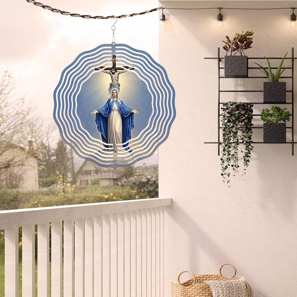 Religious Cross Jesus Wind Spinner, Metal Wind Spinners Outdoor Indoor, Virgin Mary Garden Decor for Outside, Stainless Wind Spinners for Yard and Garden 10 inch 3D (25.76X25 CM)