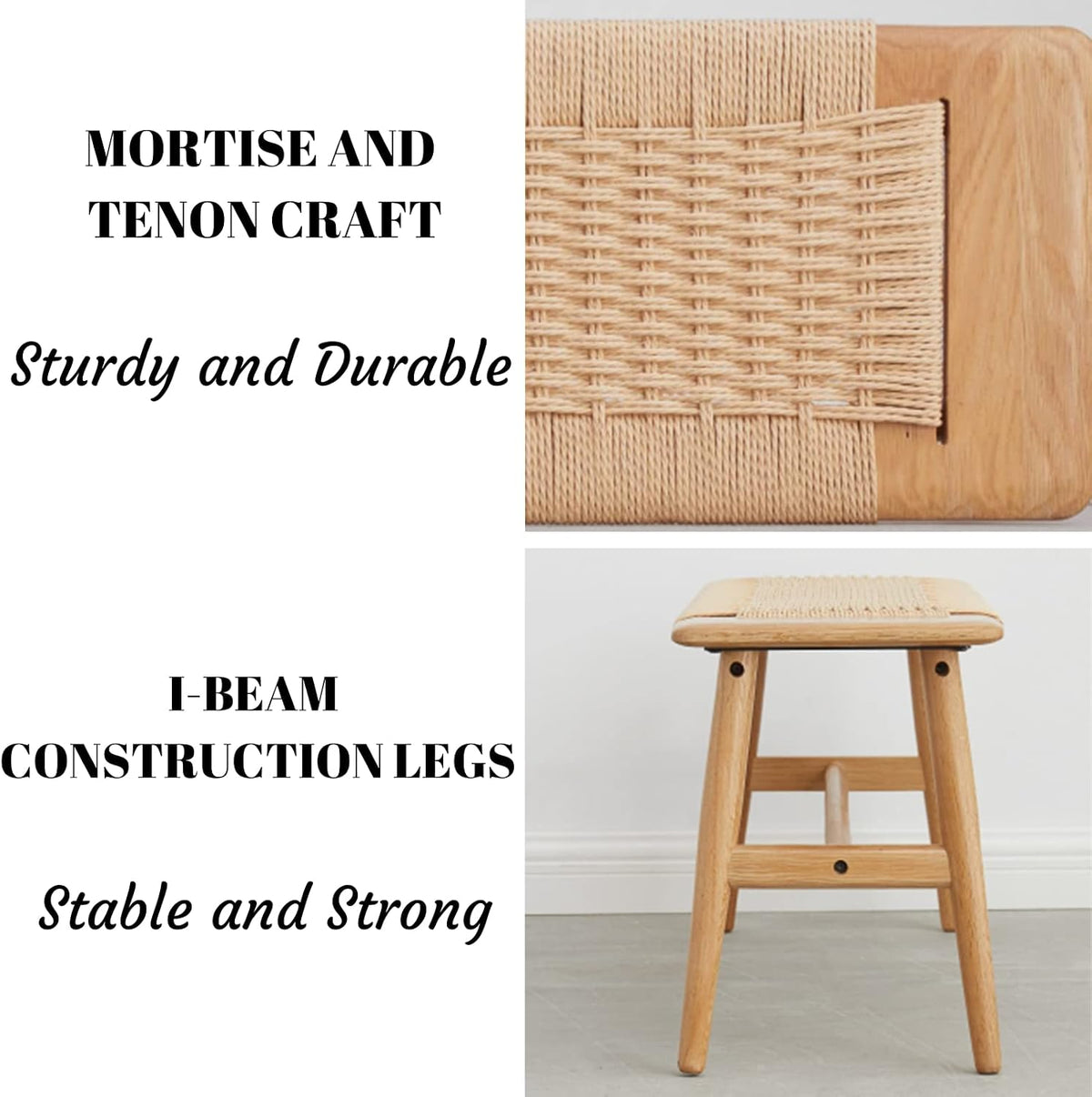 Rattan Wood Bench,100% Solid Oak Dining Bench with Woven Design, Sturdy Mortise Bench for Bench,Entryway,Dining,White/Beige Color (47.24inch Beige Color)