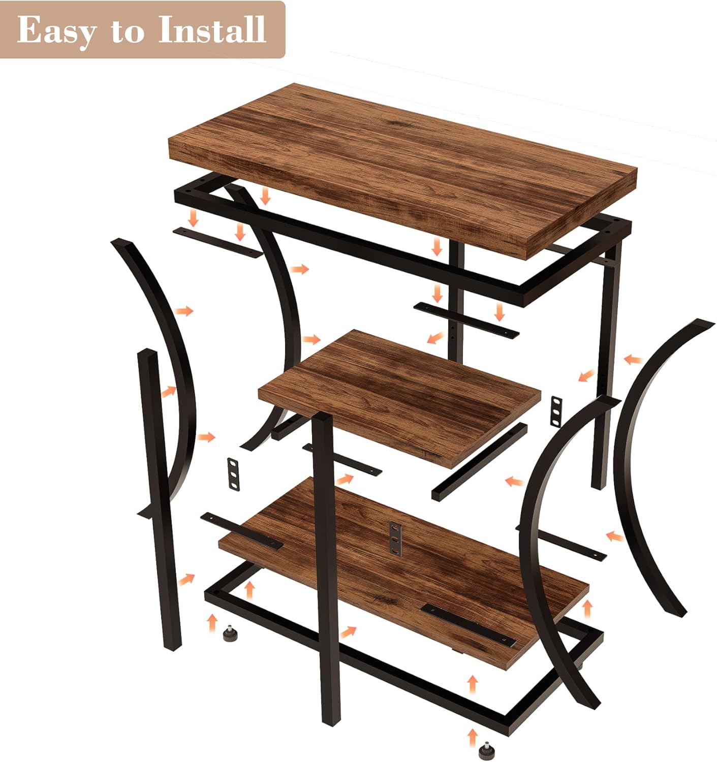 3 Tier End Table with Storage, Narrow End Table for Living Room and Bedroom, Small Space Wood and Metal Side Table, Rustic Brown