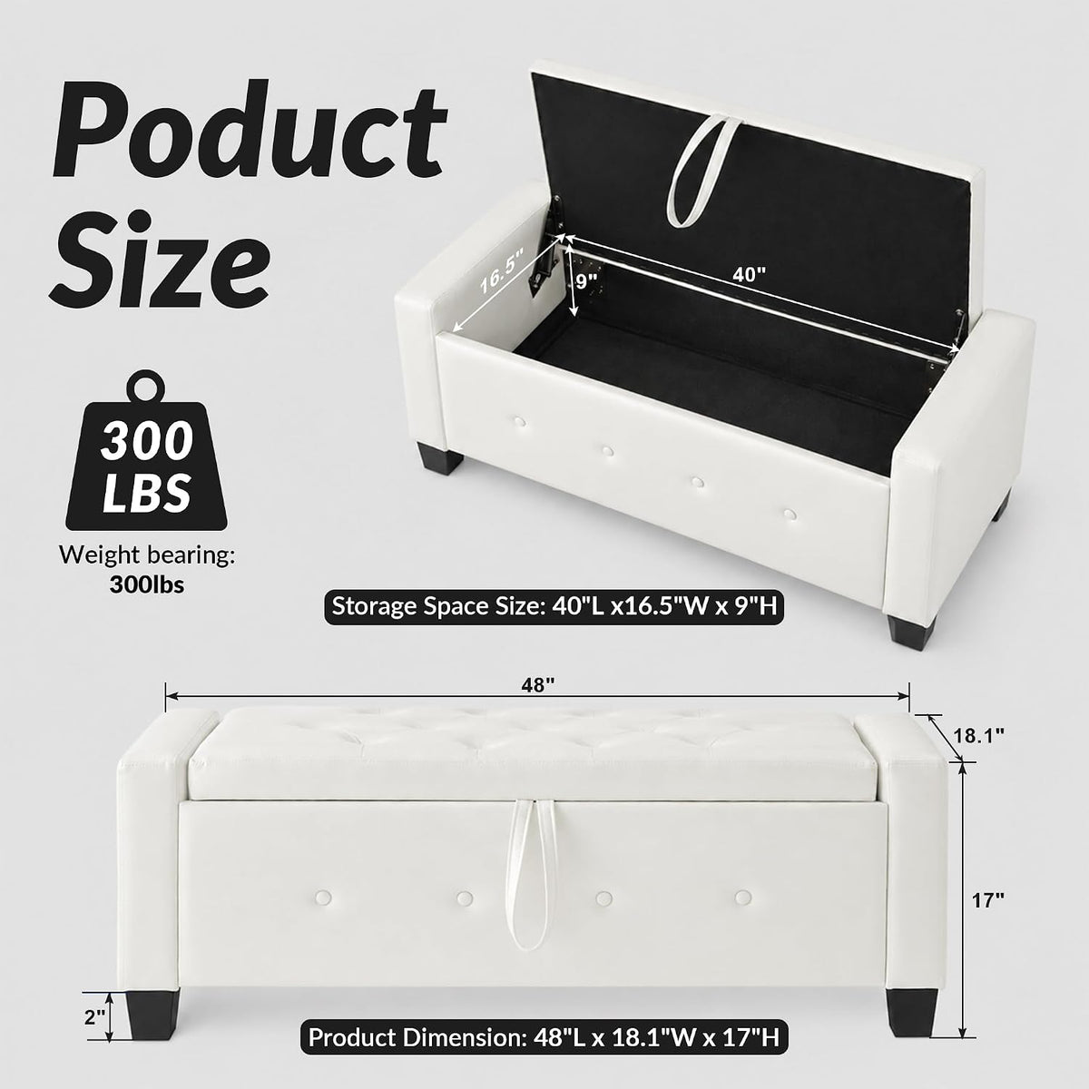 extrasleep 48" White Storage Ottoman Bench, Faux Leather Upholstered Tufted Ottoman, PU Bench for Bedroom Living Room Entryway Hallway, Large Leather End of Bed Benches, Lvory White