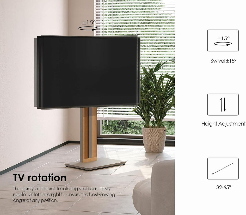 FITUEYES Floor TV Stand for 32-65" TV with Hidden Back Storage,Morandi Grey | Height Adjustable, Wood TV Stand Swivel, Scandinavian Style, Tall TV Stand for Home Decor with Reinforced Base, Zen Series