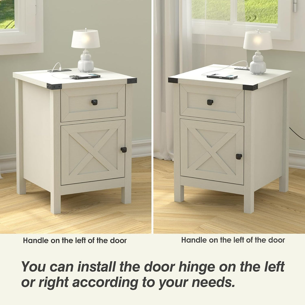 Farmhouse Nightstand with Charging Station, White Side Table, Rustic End Table with Barn Door and Drawer, Rustic Floating Nightstands Modern Bed Side Table Night Stand for Bedroom and Living Room