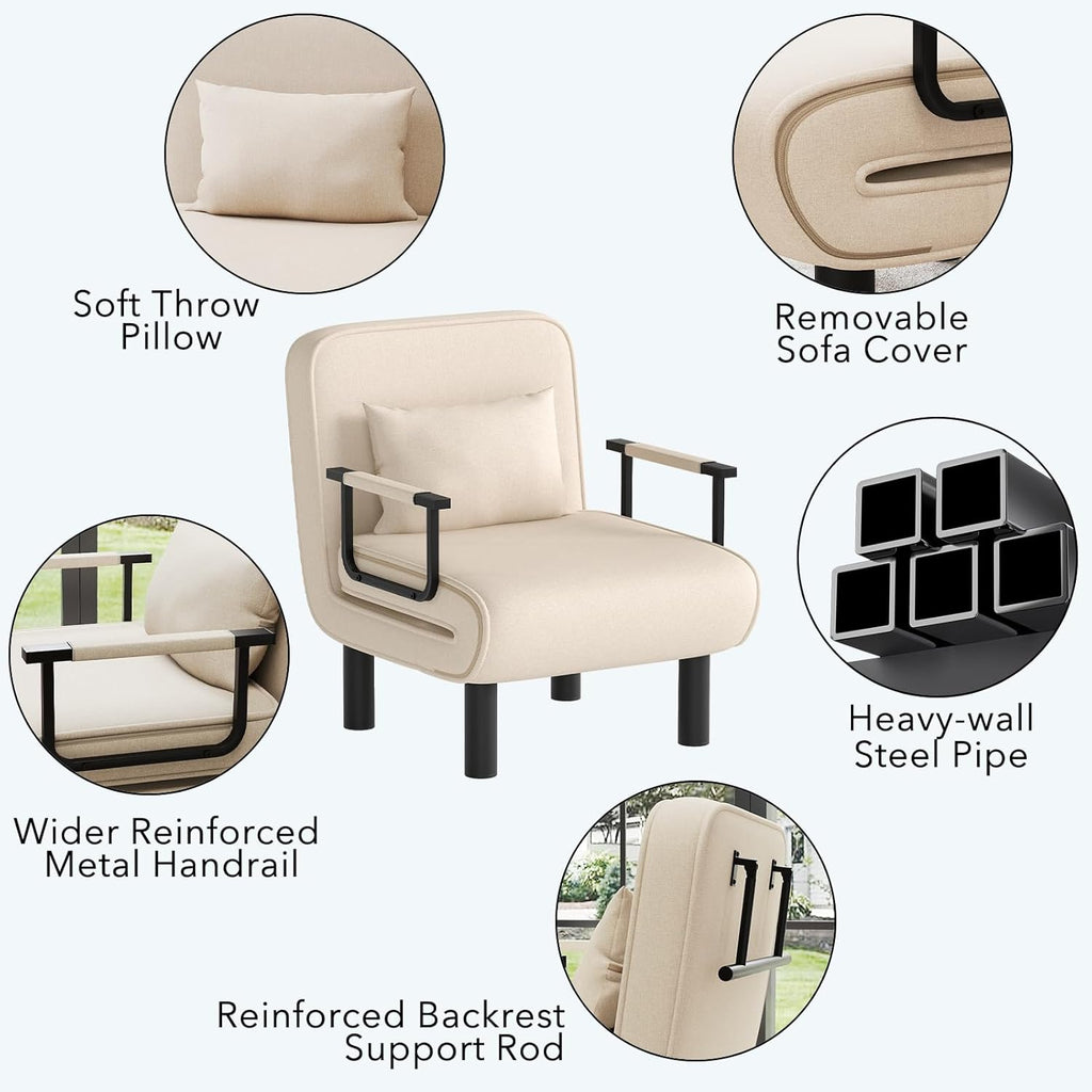 Furniliving 4 in 1 Folding Sofa Bed Chair, Convertible Sleeper Chair Bed with 6-Position Adjustable Backrest, Upholstered Chaise Lounge with Pillow, Accent Chairs for Bedroom, Linen, Beige