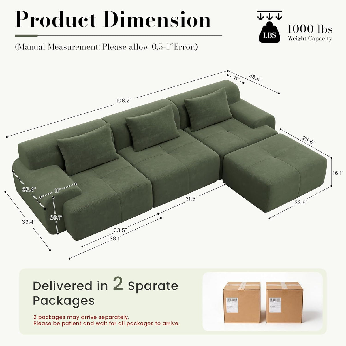 GRUSIGN 108'' Modular Sofa,Sectional Couch for Living Room | Tufted Oversized L Shape Deep Seat Sectional Sofa with Ottoman & 3 Throw Pillows,Corduroy Cloud Couch,Green