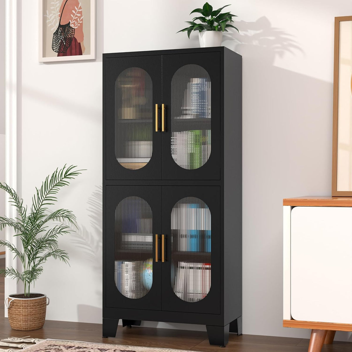 Erosoei Pantry Cabinet, 61" with Acrylic Glass Doors and Adjustable Shelves, Metal Kitchen Cabinet for Multiple Rooms