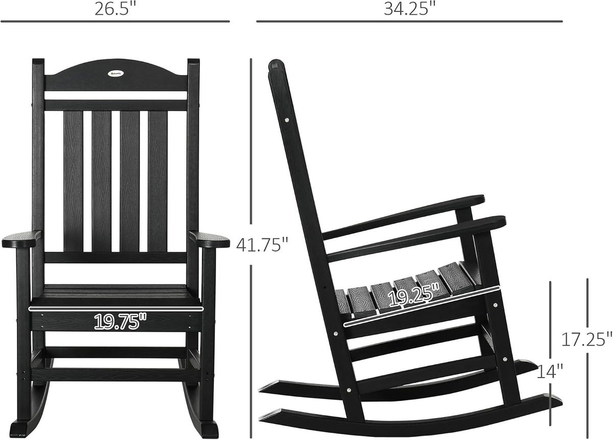 Outsunny 2 Pieces Outdoor Rocking Chair, All Weather-Resistant HDPE Rocking Patio Chairs with Rustic High Back, Armrests, Oversized Seat and Slatted Backrest, 350lbs Weight Capacity, Black