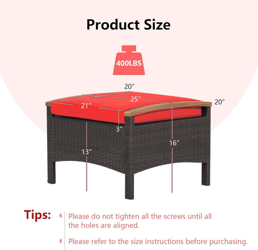 DORTALA Outdoor Ottoman Wicker 2 Piece, Square Patio Ottomans PE Rattan Foot Rest Footstool with Cushions for Couch, Chair, Red