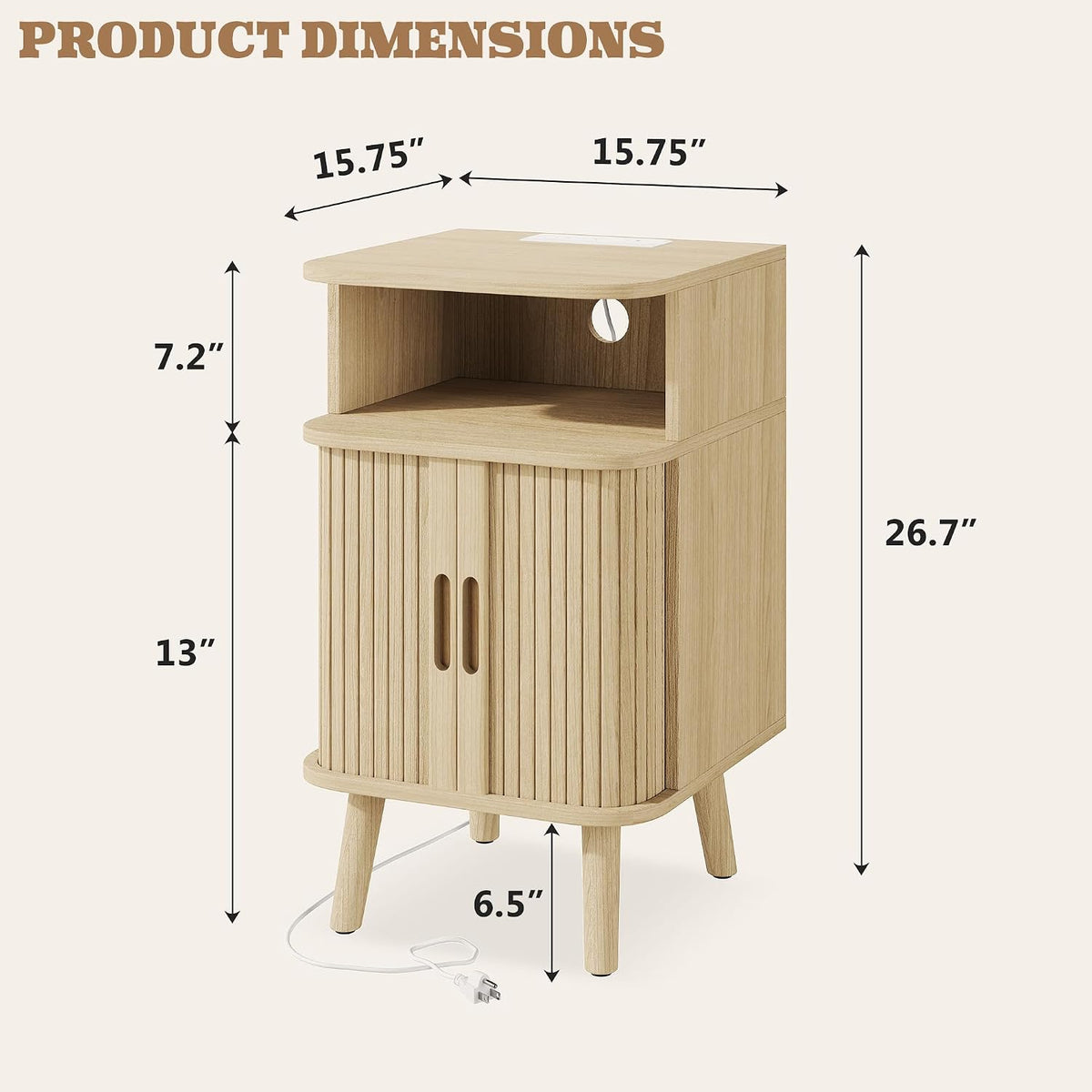 Alohappy Fluted Nightstands Set of 2 with Charging Station, Mid Century Modern Bedside Tables with Sliding Tambour Doors, Curved Wood End Table with Storage for Bedroom, Living Room, Natural Oak