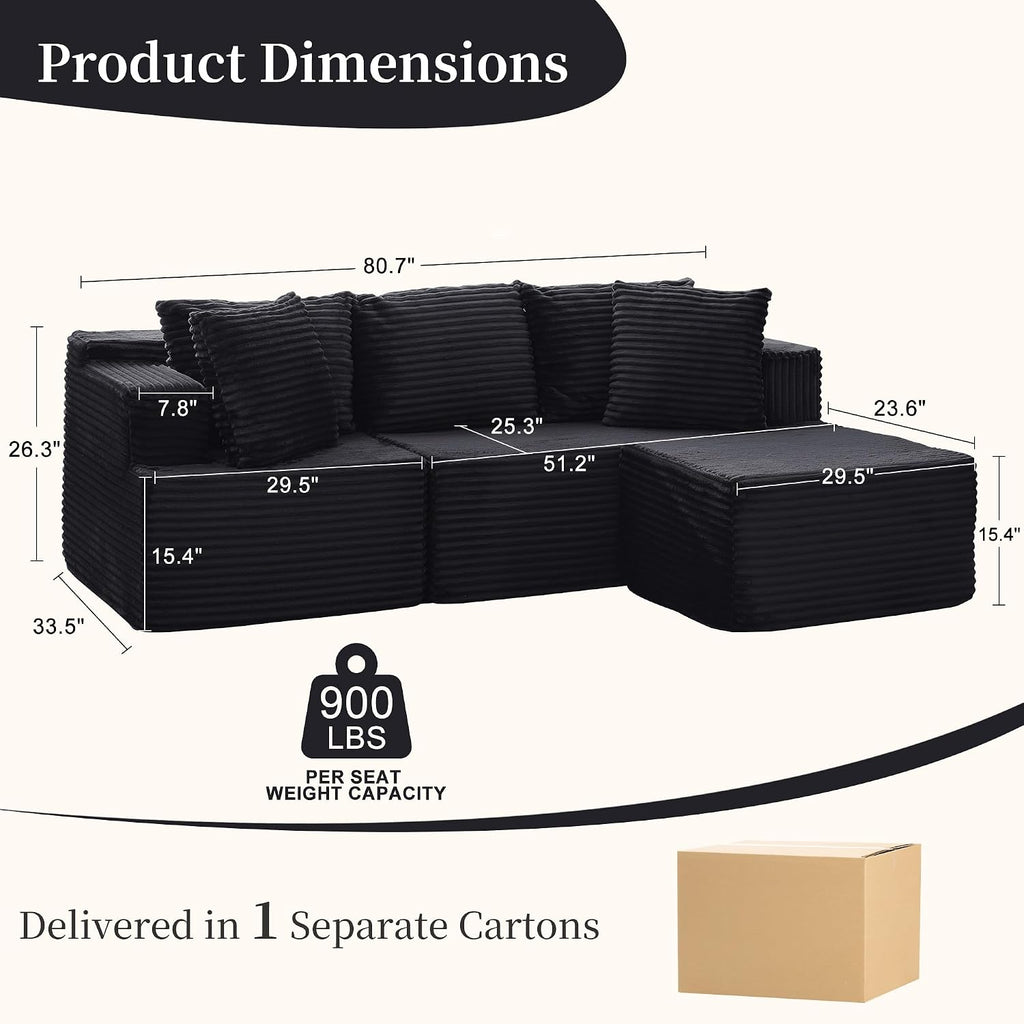 Korser Cloud Modular Sectional Sofa with L-Shaped, Couches for Living Room, Fluffy Comfy Corduroy Deep Seat with Ottoman, Bedroom, Apartment, No Assembly Required