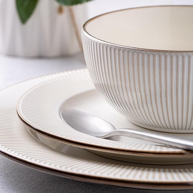 GBHOME Ceramic Dinnerware Sets,12 pcs Embossed Elegant Stoneware Plates and Bowls Sets, Housewarming Wedding Gift | Dishwasher & Microwave Safe | Dishes Set Service for 4