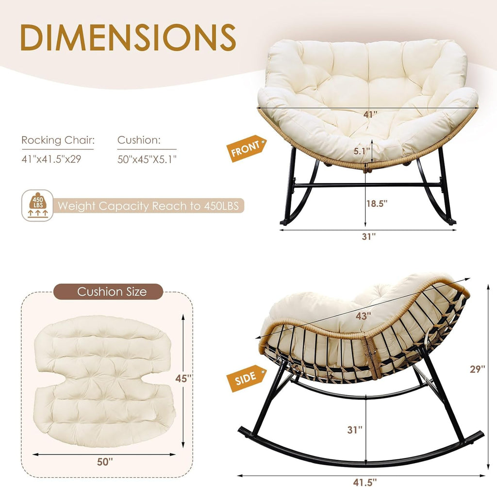 NICESOUL Papasan Rocking Chair with Cushion Indoor Outdoor, Oversized Padded Egg Rocking Chair, All-Weather Wicker Rattan Lounge Rocker, 450 lbs Capacity Glider for Living Room Balcony Porch, Beige