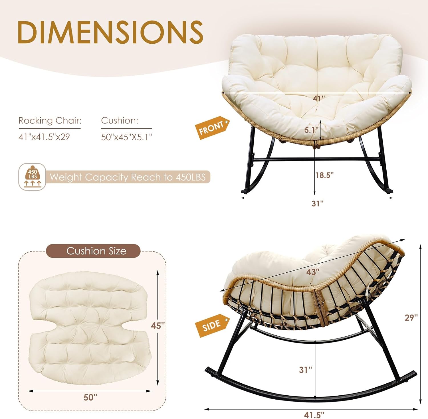 NICESOUL Papasan Rocking Chair with Cushion Indoor Outdoor, Oversized Padded Egg Rocking Chair, All-Weather Wicker Rattan Lounge Rocker, 450 lbs Capacity Glider for Living Room Balcony Porch, Beige