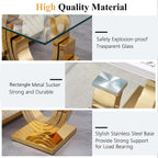 Modern End Table, Living Room End Table with Tempered Glass Top & Geometric Shape Stainless Steel Legs, Square End Table, Luxury Glass Sofa Side Table, Bedside Table, Small Accent Table, Gold