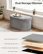 GLAXYFUR Folding Storage Ottoman, Velvet Upholstered Foot Rest, 30 Inches Oval Storage Bench for Bedroom, Living Room & Entryway (Light Grey)