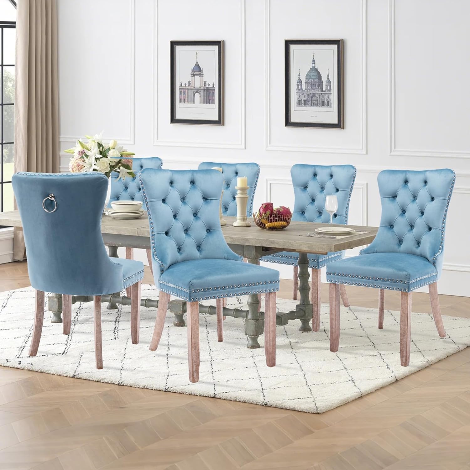 Velvet Upholstered Dining Chairs Set of 6, Modern Mid-Century Kitchen Chairs with High Back, Nailhead Trim and Solid Wood Legs,Metal Pulling Ring for Dining Room Living Room